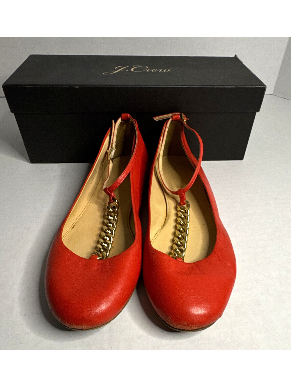 J. Crew Women’s Orange Leather Ballet Flats Round Toe Buckle Ankle Strap Sz 9